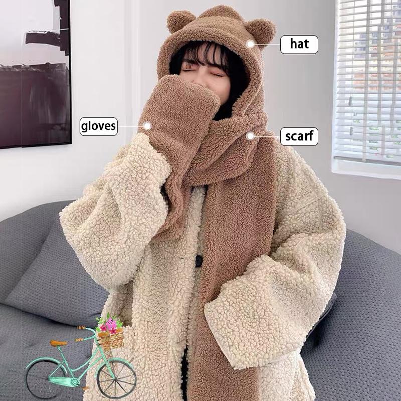 Cute Bear Ear Hat Scarf Gloves Set Thicken Women Beanies Caps Winter Warm Windproof Ear Protection Hat