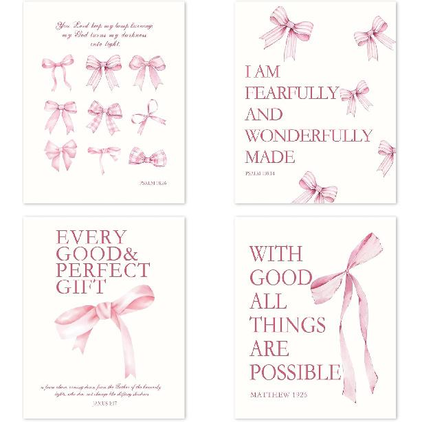 Set Of 4 Coquette Bow Print Poster - 8 x 10 Inch Pink Bow Disco 8 Ball Cherry Wall Painting Poster For Teen Girls- Preppy Room Decor Aesthetic Wall