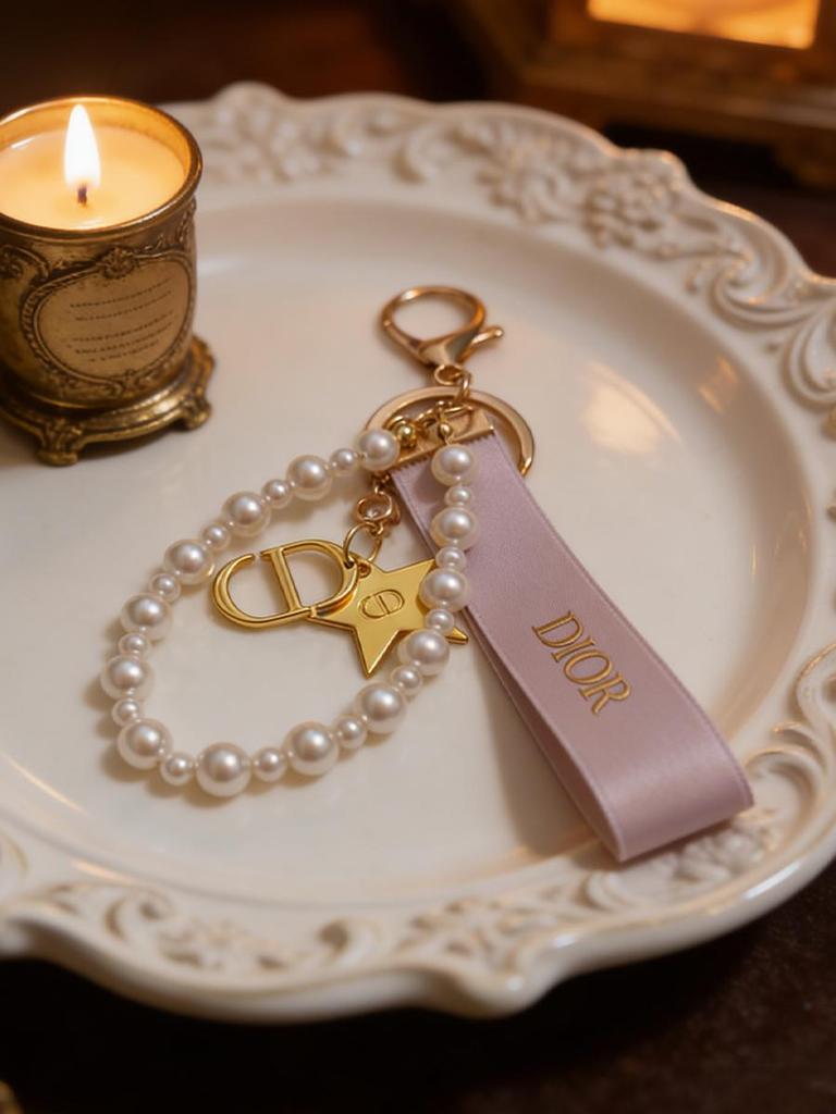 Dior Beauty Peripheral Keychain, Pink Ribbon Pearl Bag Charm, Brand Cosmetic Accessory, CD Star Metal Pendant Key Ring for Women
