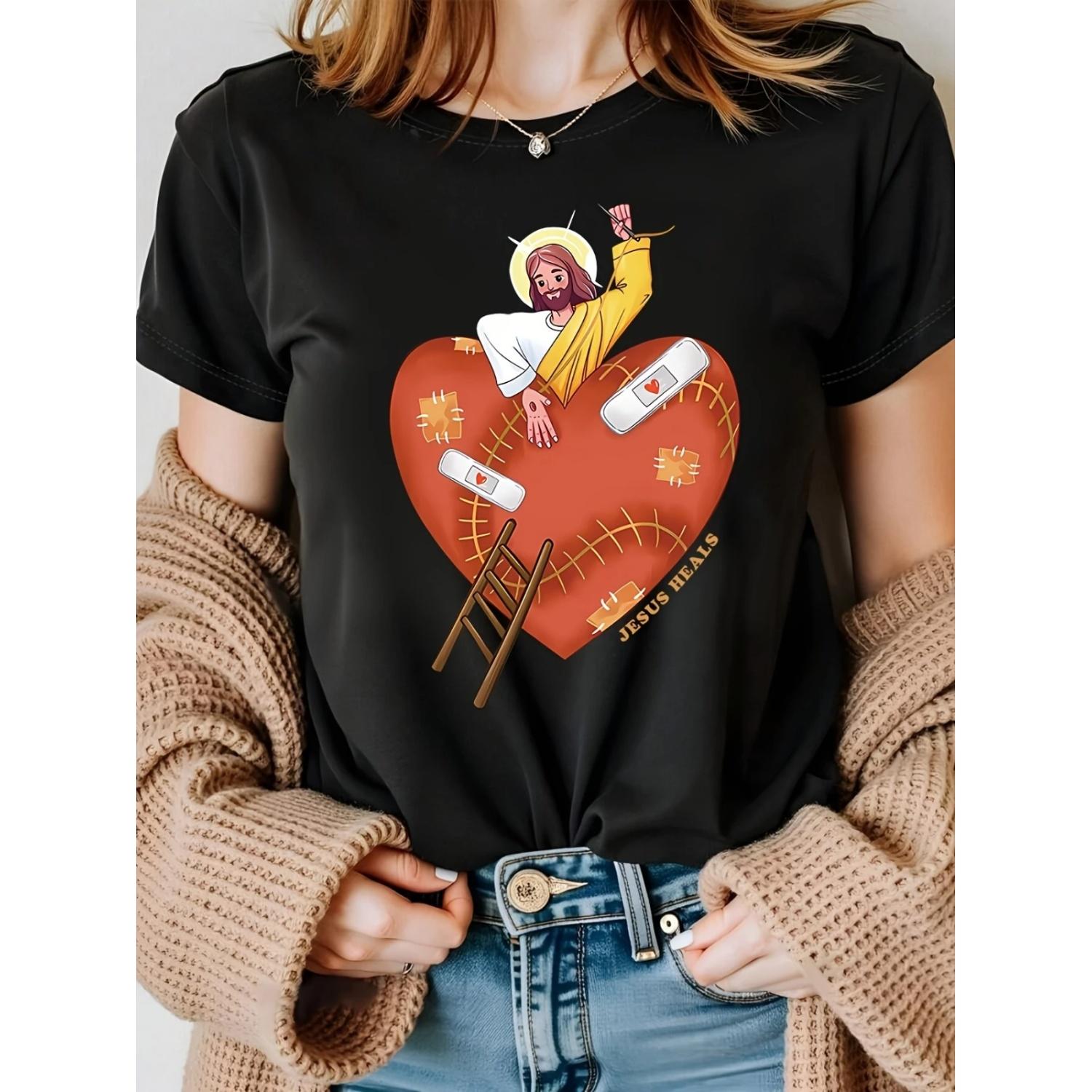 

Religious Art Jesus Heals Broken Heart Graphic Print Women s Casual T-Shirt Soft Crew Neck Short Sleeve Spring Summer S чёрный