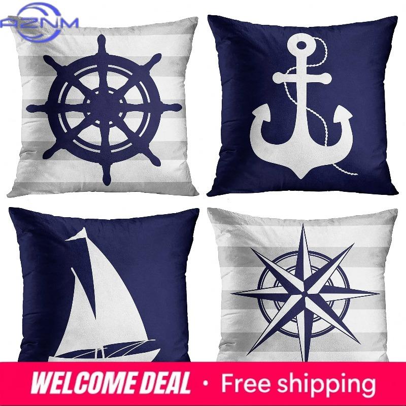 Shunika Chen Unisex White Home Decor Navy & Nautical Pattern Throw Pillow Covers Pattern Cushion Cover Suitable For Sofa Bedroom Car Pillow Cover