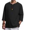 Men Linen Blend V Neck T Shirt Three Quarter Sleeve Solid Color Loose Fit Casual Top With Side Pockets