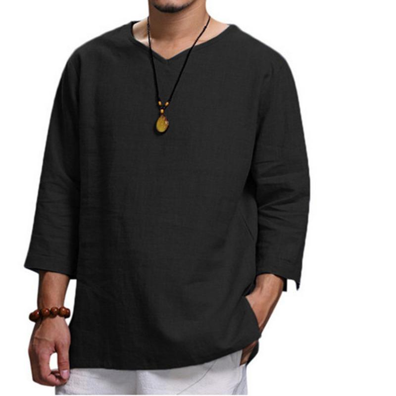 Men Linen Blend V Neck T Shirt Three Quarter Sleeve Solid Color Loose Fit Casual Top With Side Pockets