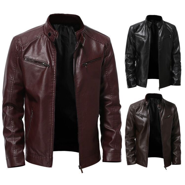 Ji Business Gentleman Warm Zip Cardigan Pocket Decorative PU Leather Jacket Stand-Up Collar Slim Leather Jacket