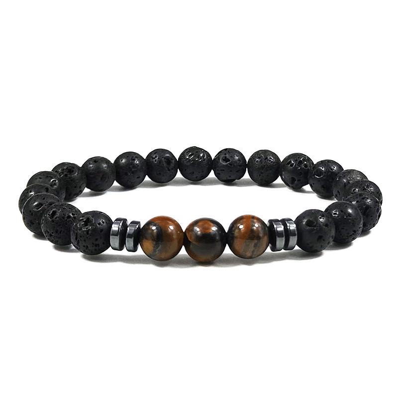 Unisex Tiger Eye & Volcanic Stone Elastic Bracelet - Natural Stone Jewelry for Couples