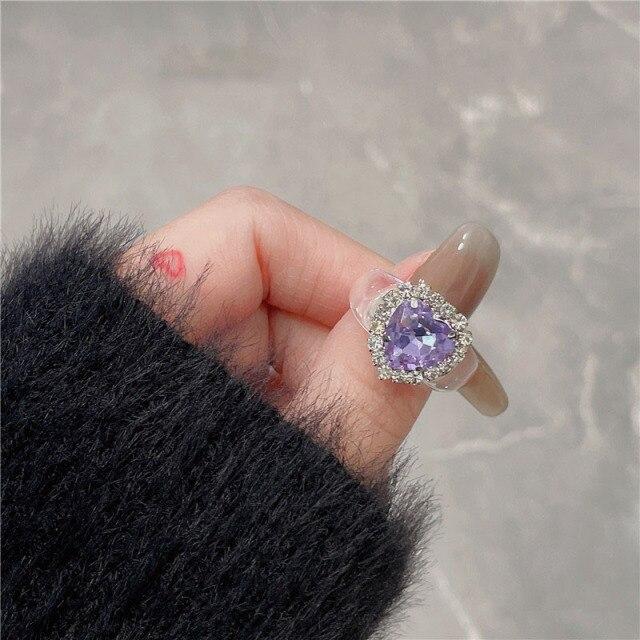 

Новые корейские милые сердечные бриллиантовые акриловые кольца для женщин, девушек, вечеринок, Harajuku, циркониевые украшения, подарки, аксессуары фиолетовый
