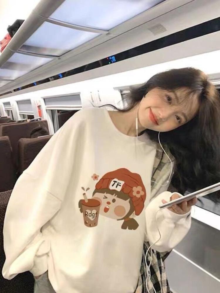 Women Cute Cartoon Print Thick Hoodie Ladies Autumn and Winter Round Neck Long Sleeve Pullover Sweatshirt Top for Student