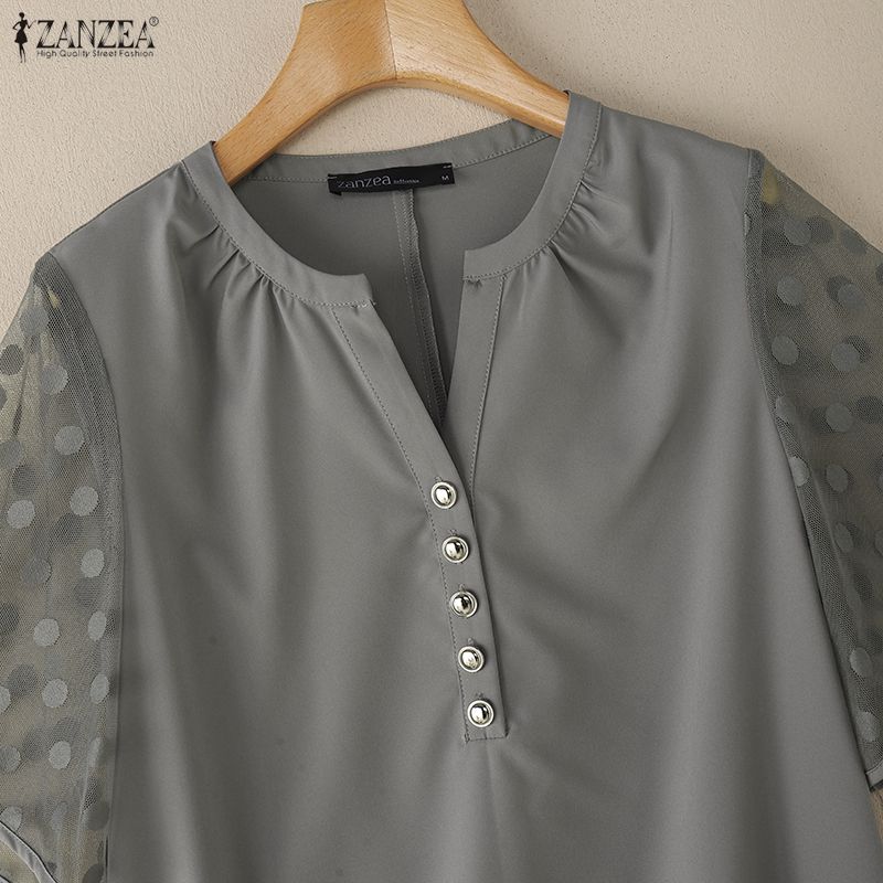ZANZEA Women Casual V-Neck Mesh Splice Half Sleeve Blouse