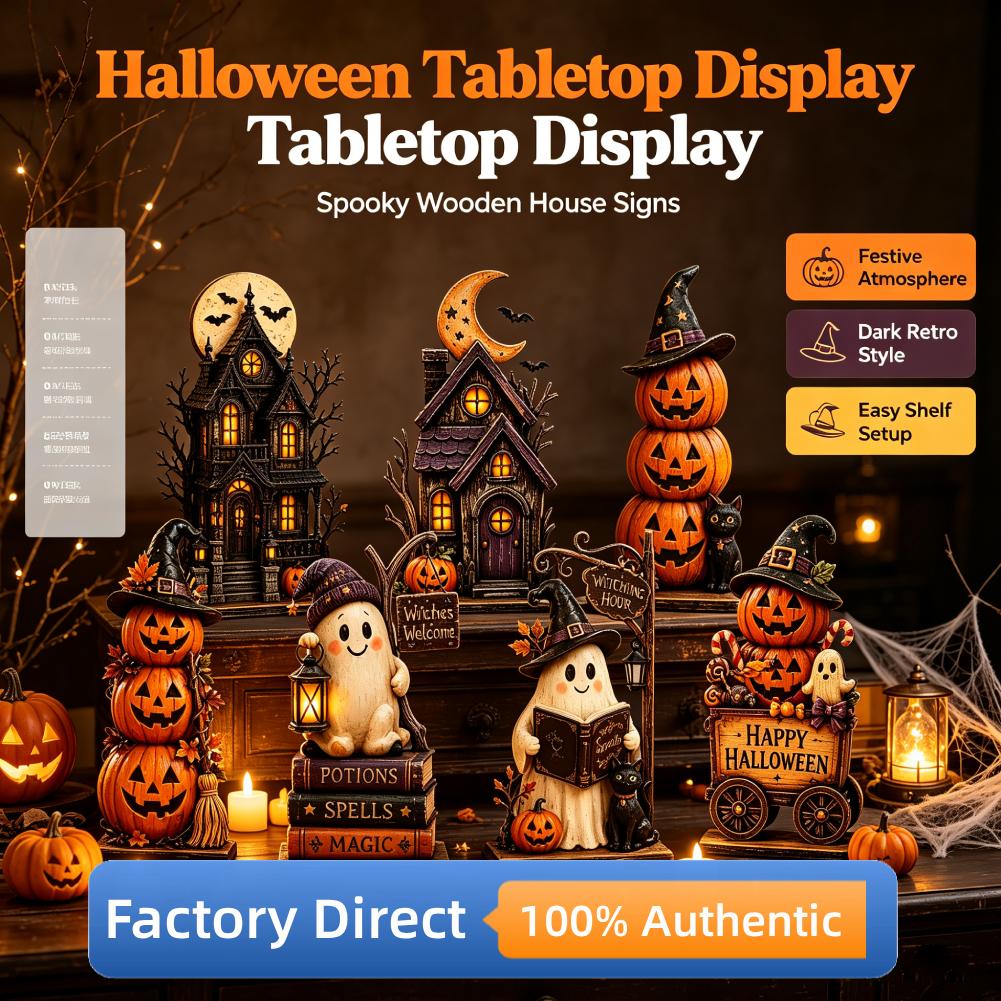 Halloween Tabletop Decor Wooden Signs, Haunted House & Pumpkin Stack, Spooky Festival Ornament