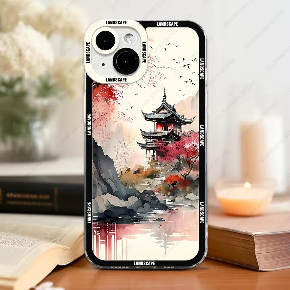 Ink and Wash Landscape Phone Case For iPhone 16 15 14 13 12 11 Pro Max XS X XR 7 8 SE Shockproof Back Cover