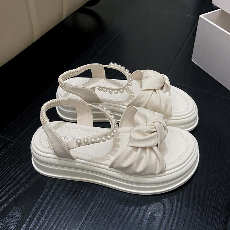Bow pearl belt muffin bottom platform sandals women's 2025 summer new fashion simple beach soft sole women's shoes