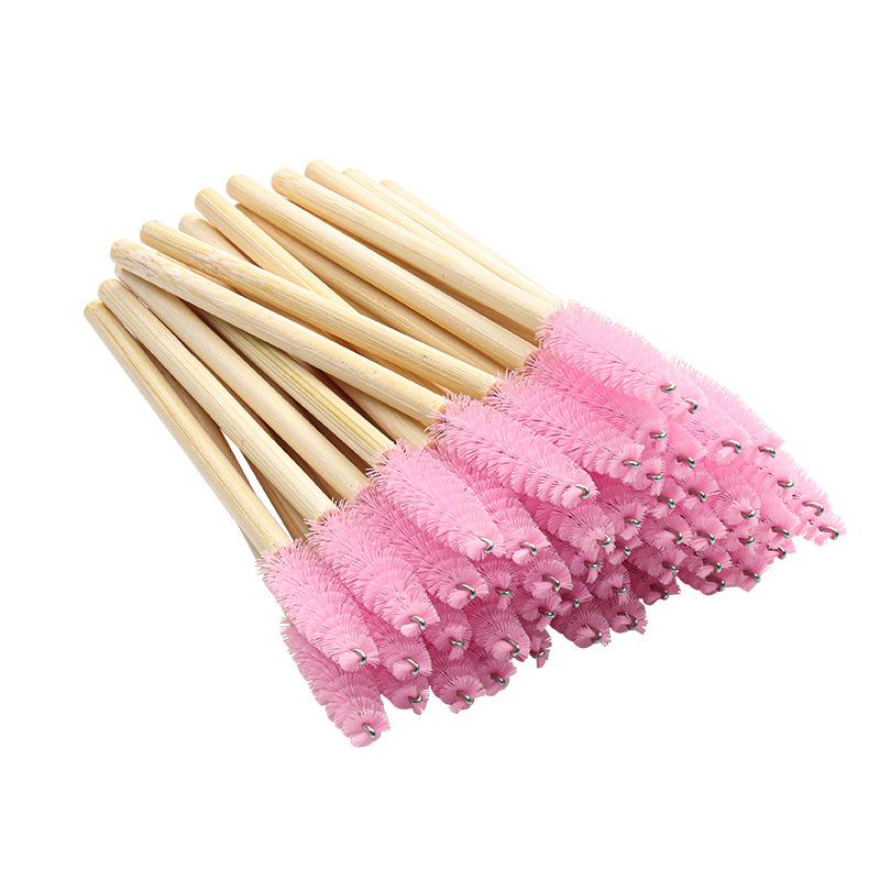 Disposable Nylon Fiber Mascara Wands Eyelash Brush with Bamboo & Wood Handle розовый