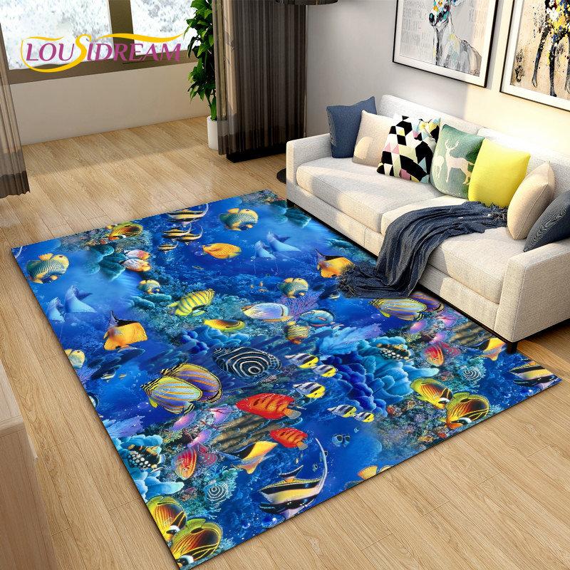 3D Underwater World Sea Turtle Dolphin Area Rug Large,Carpet Rug for Living Room Bedroom Sofa Doormat Kitchen,Non-slip Floor Mat