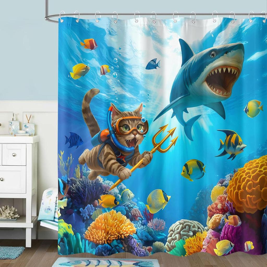 Funny Cat Shark Shower Curtain Ocean Tropical Fish Shower Curtains For Bathroom Kids Cute Fun Underwater World Coral Coastal