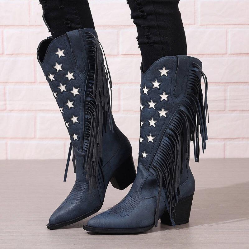 Women's Mid-Calf Embroidered Boot High Heel Western Style Autumn Spring New Large Tassel Stitched Rubber Outsole Botas Feminino