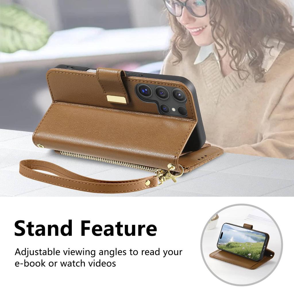 Wallet Case for Samsung Galaxy S25 Edge S25 S24 Ultra S24 FE Lanyard Zipper Dual Card Holder Flip Stand Magnetic Buckle Cover