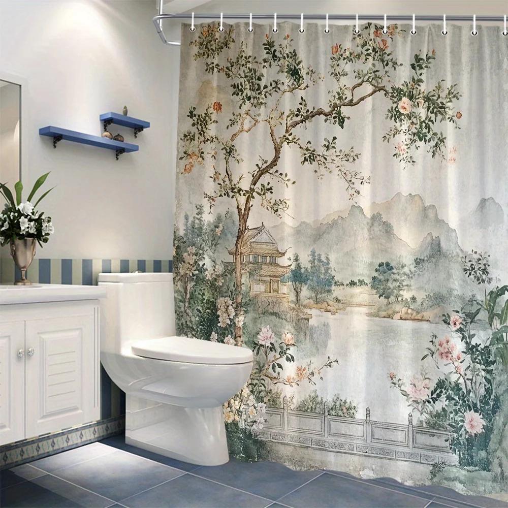 1pc Scenic Waterfall Forest Mountain Shower Curtain - Traditional Chinese Landscape Art with Blooming Flowers & Misty Mountains,