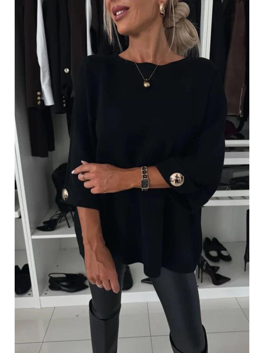 

2026 Autumn Women s Solid Color Round Neck Mid-Sleeve Knitted Casual Top Double Extra Large (XXL) чёрный
