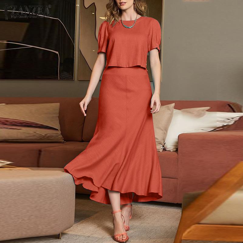 ZANZEA Women Short Sleeve Blouse and Fishtail Skirts Summer Two Piece Suit Sets