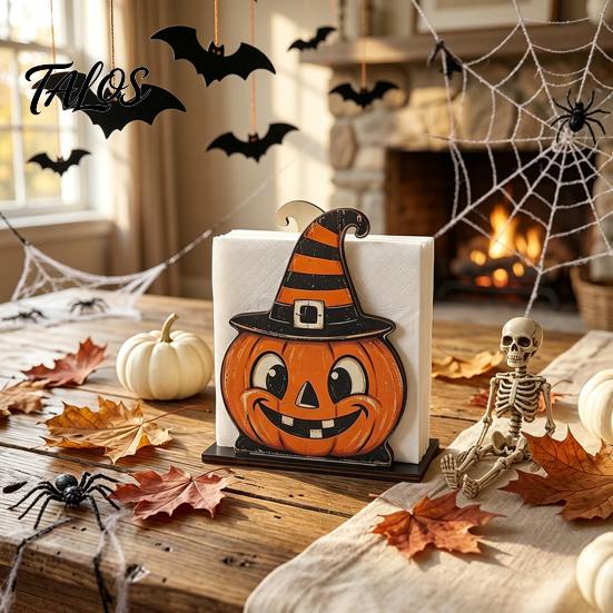 Wooden Tissue Dispenser Halloween Napkin Holder, Ghost Mummy Pumpkin Gothic Kitchen Roll Holder Rustic Tabletop for Farmhouse Dining Table Decor