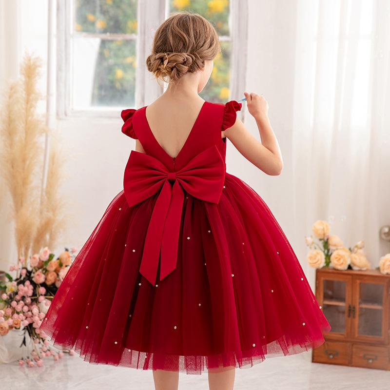 Toddler Girl Red Christmas Princess Dress Cute Baby Girl Birthday Party Tutu Gown Newborn Backless Bow Beading Costume