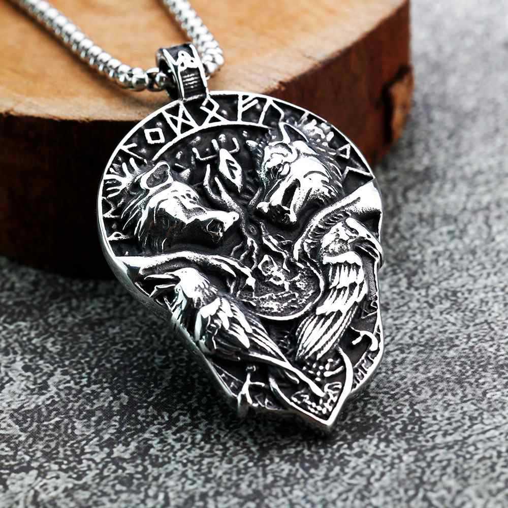 Nordic Stainless Steel Viking Rune Necklace with Celtic Wolf and Raven Design
