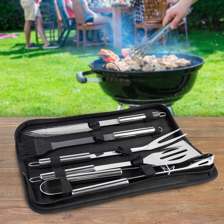Akcesoria Sztućce Do Grillowania W Etui Z Rączką Przybory 5 Sztuk Ze Stali