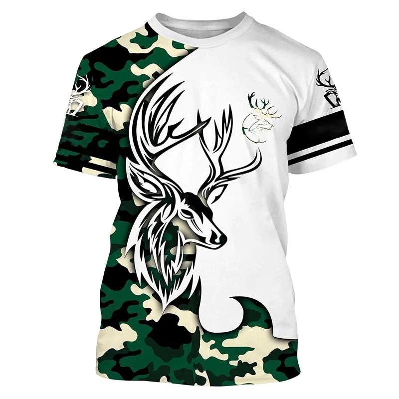 2024 Men's Hunting Deer Pattern Printed Summer O-neck T-shirt Casual Short Sleeve Fashionable Street Clothing Men's Clothing