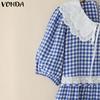 VONDA Rochie Maxi Casual Plisată cu Rever Croșetat pentru Femei, cu Imprimeu Carouri