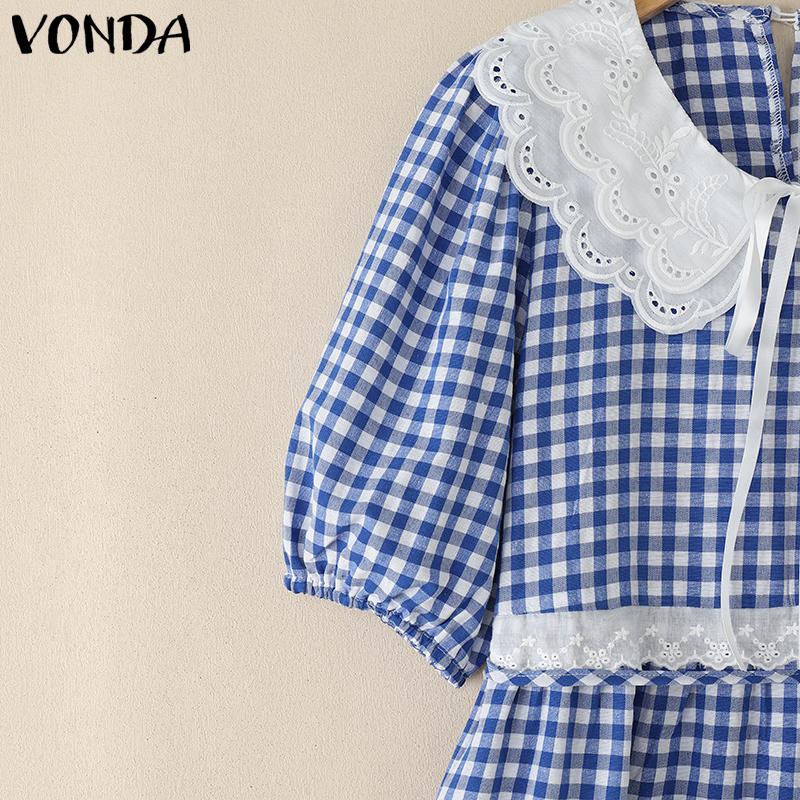 VONDA Rochie Maxi Casual Plisată cu Rever Croșetat pentru Femei, cu Imprimeu Carouri
