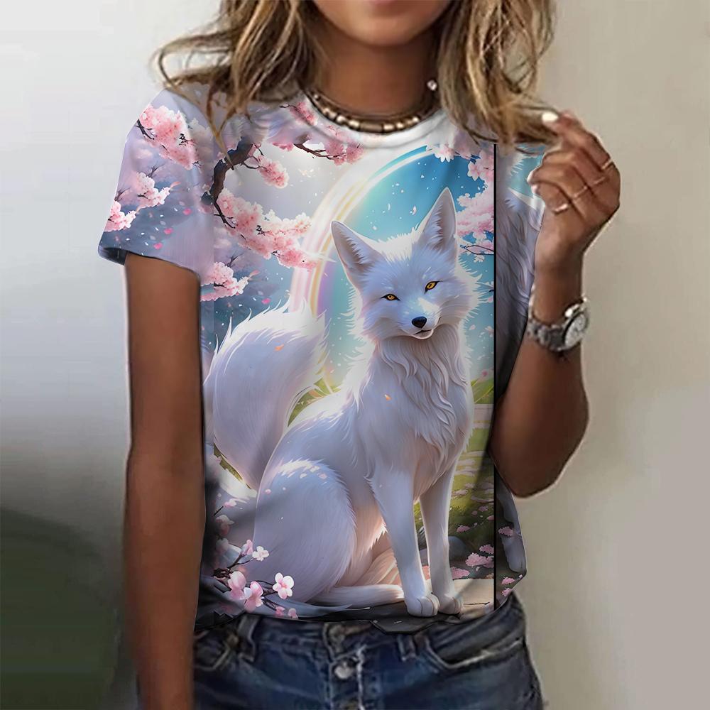 3D Printed Fox Pattern Women's T-shirt Summer Casual Round Neck Top Short Sleeve Loose T-shirt Daily Outing Short Sleeve