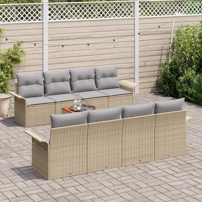 VidaXL Ensemble de canapé de jardin 9 pièces avec coussins Beige Poly Rattan Acacia 3347301