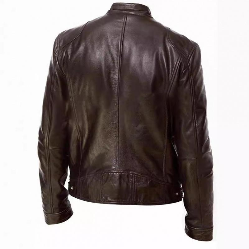 European-American Men's Stand-Up Collar Leather Motorcycle Jacket with Logo