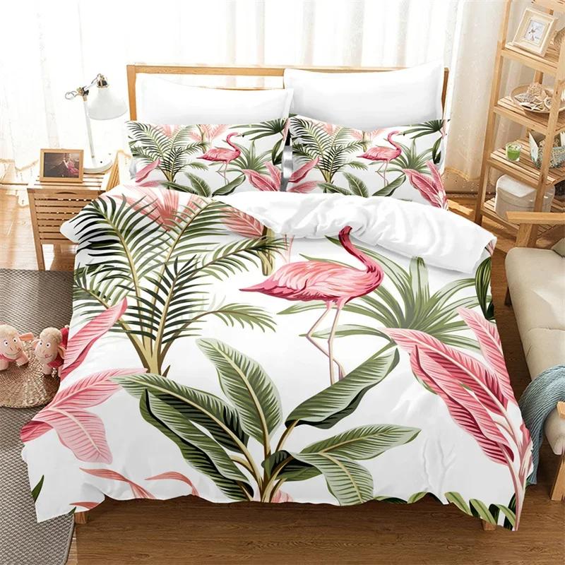 

Flamingo Duvet Cover Tropical Palm Tree Leaves Quilt Cover Polyester 3D Floral Bedding Set Twin King For Girls Boys Room Decor EU Single(135*200cm)3pcs