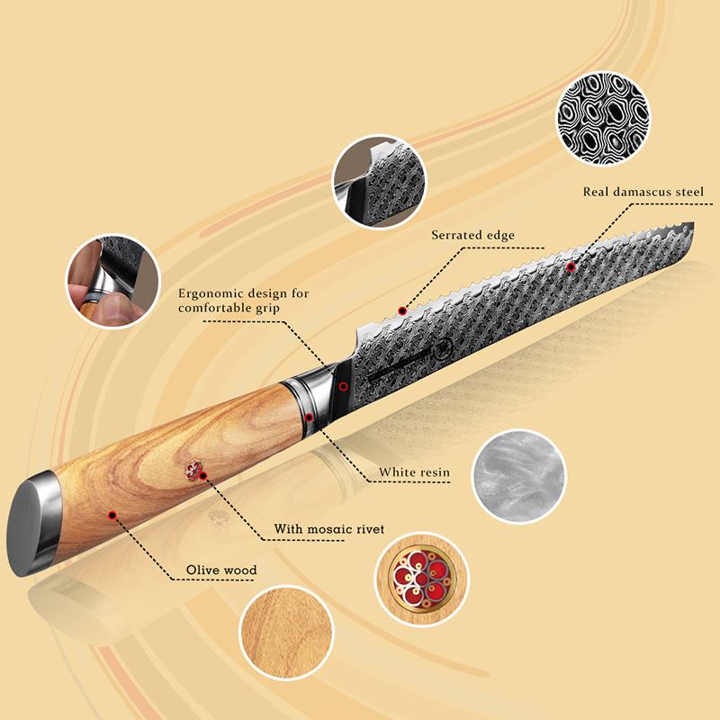 Grandsharp Professional 8palcové pečicí nože Damašek Nůž na chleba Nůž na chléb Krájení dortů Kuchyňský nůž Kráječ