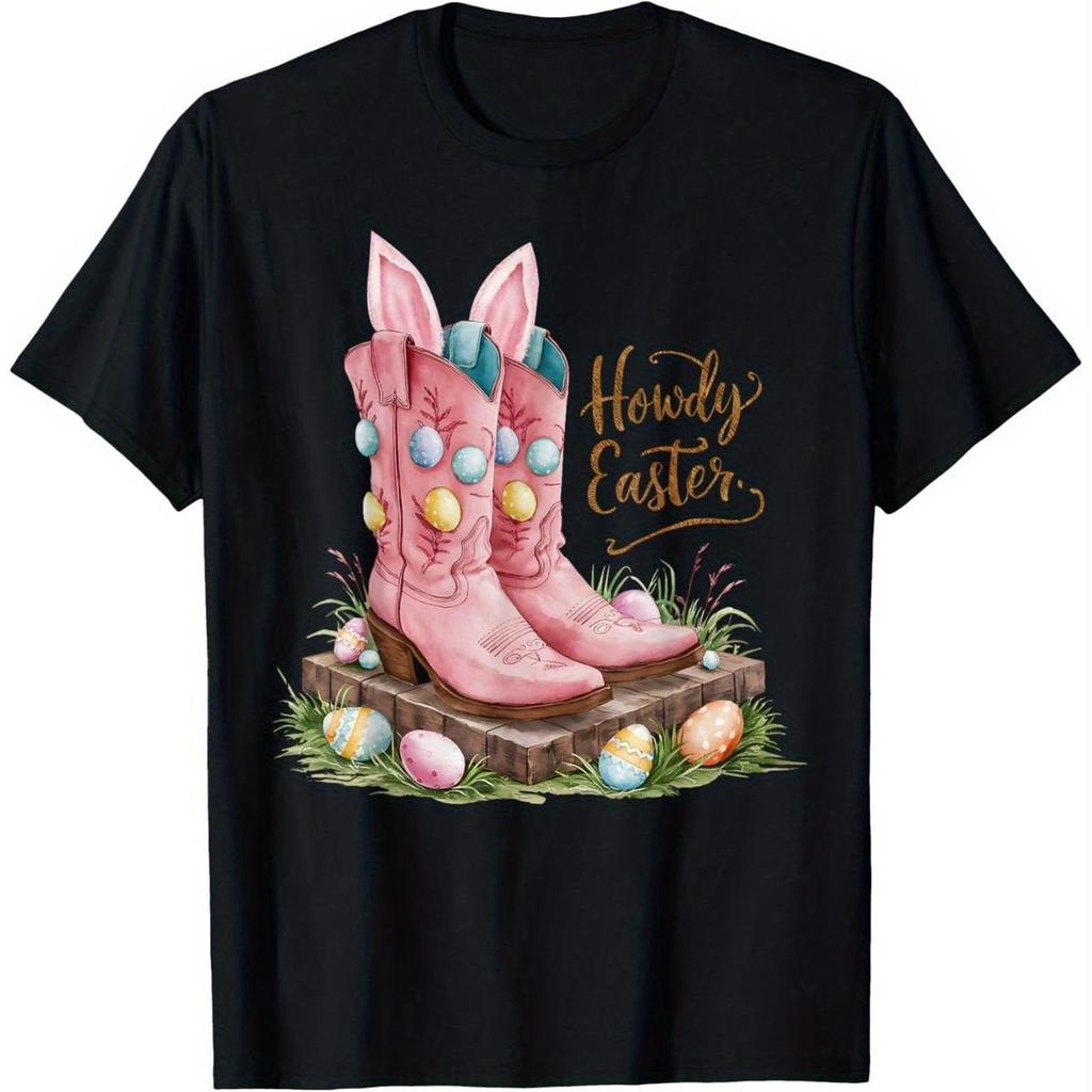 Howdy Easter Cowboy Boots Bunny Graphic T-Shirt Men Casual Loose Crew Neck Short Sleeve Tee