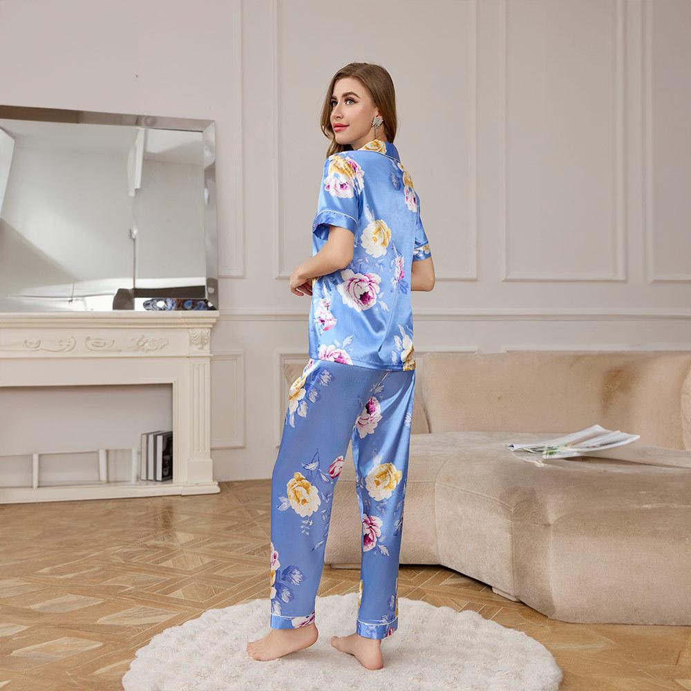 Yaoting ice silk pajamas women's summer short-sleeved trousers loungewear set high-end printing two-piece set TZ1111