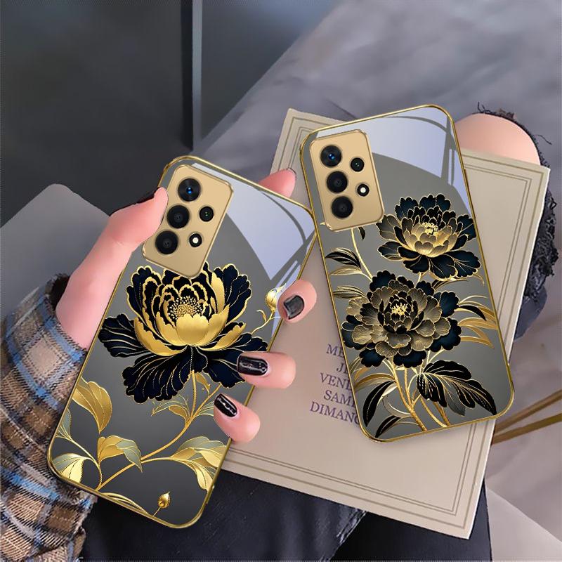 Black Gold Peony Flower For Samsung A 01 52S A04 A05S A10 A12 13 22 23 24 36 42 M02 Note 10 20Ultra 8 9 Golden glass phone case