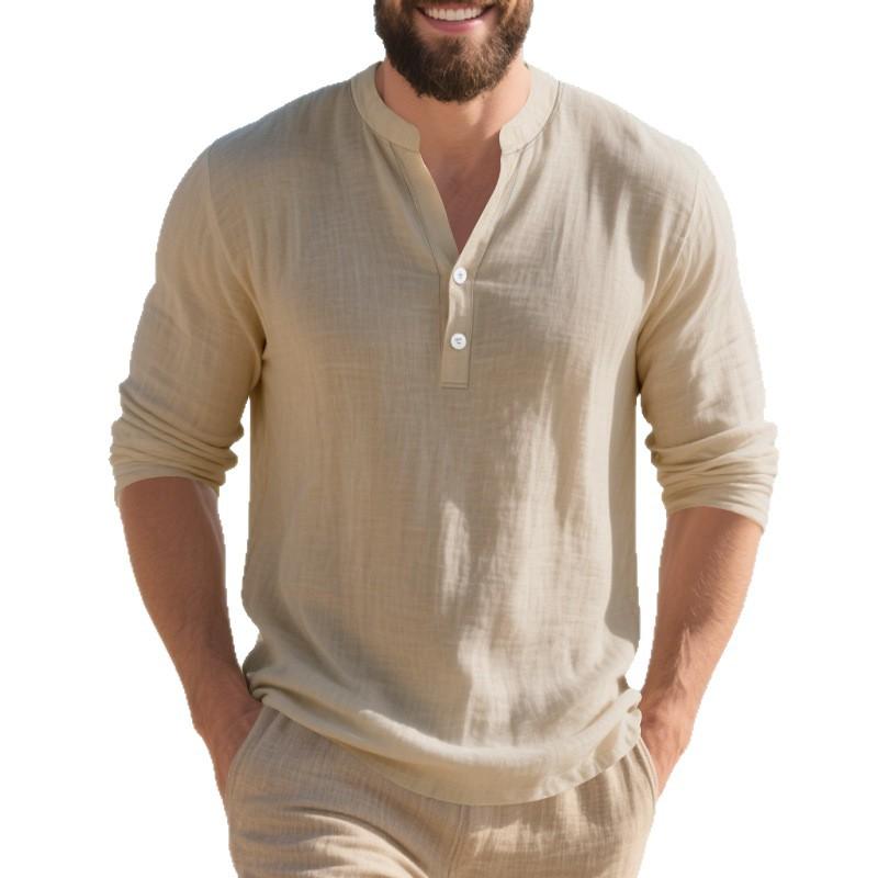 Linen Shirt Stand Collar Button-Up Men's Loose-Fit Casual Breathable V-Neck Henley Long-Sleeved T-Shirt for Men