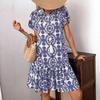 Blue Flower Print Women Dress Elegant Sweet Casual Short Sleeve Loose A-Line Dress Oversized Summer Beach Dress Female Sundress