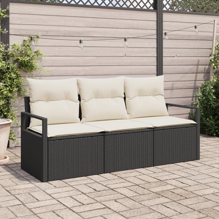 Canapé de Jardin 3 Pièces vidaXL avec Coussins Noir en Rattan Poly, Canapé de Jardin 2 Places vidaXL avec Coussins Noir 3346237