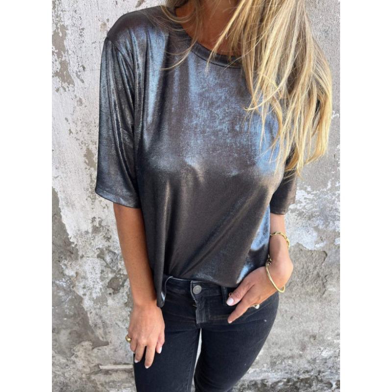 

Женские модные повседневные летние весенние однотонные блузки и рубашки с короткими рукавами и круглым вырезом с принтом L чёрный