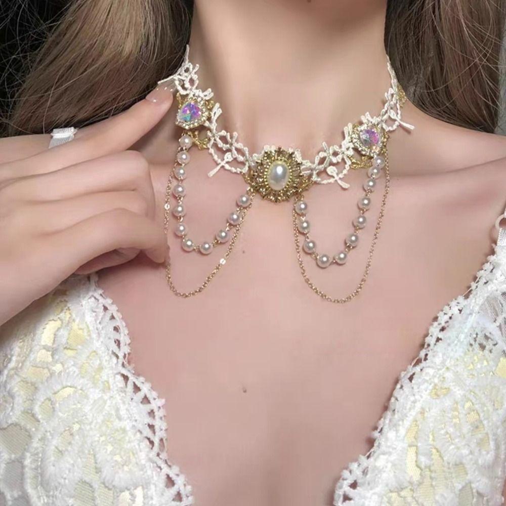 Vintage Rhinestone Tassel Necklace Shiny Lolita Choker Necklace Adjustable Lace Pearl Choker  Party