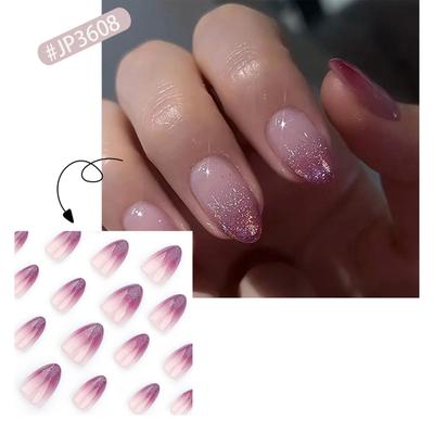 24Pieces Short French Tip Press On Nail Gradients Purple Shimmery Almond Shape Faux Nail Glues On Nail for Women Gift