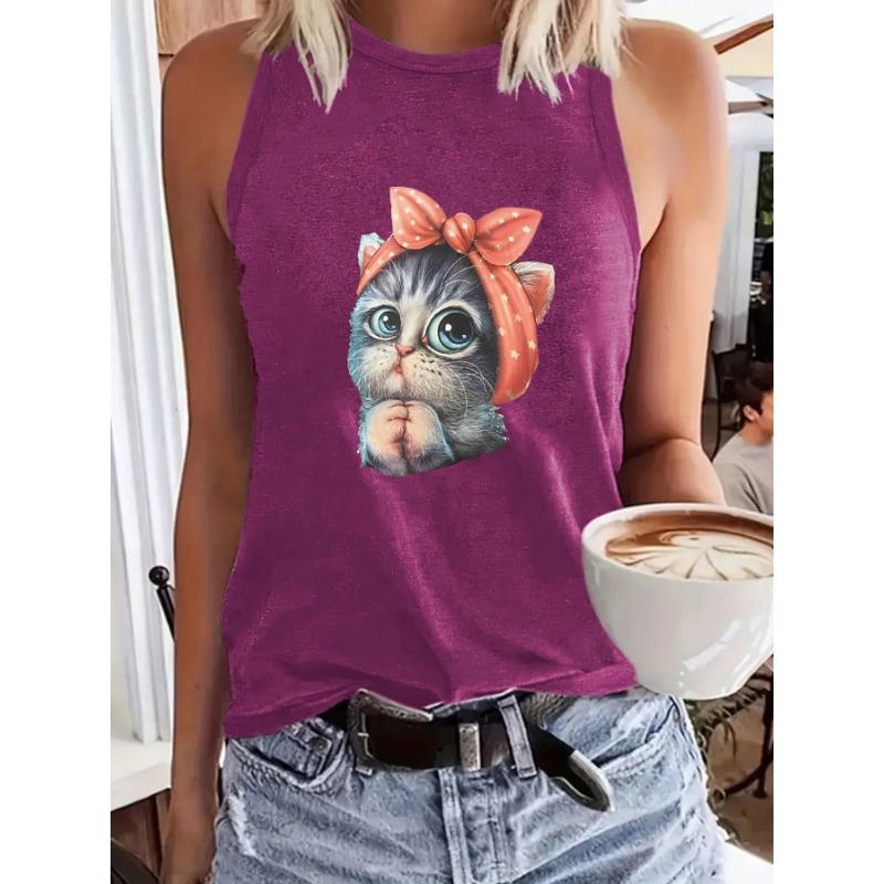 Cat-printed Women's Round-neck Vest for Spring and Summer Casual Sleeveless Top