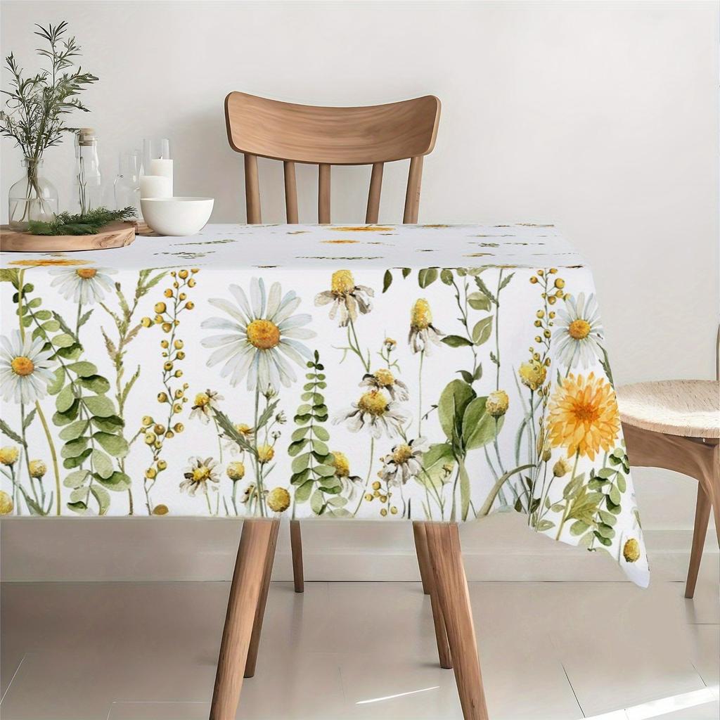 Spring Daisy Flowers Eucalyptus Leaf Tablecloth for Table Decor Summer Yellow White Floral Dining Table Cloth Wedding Decoration