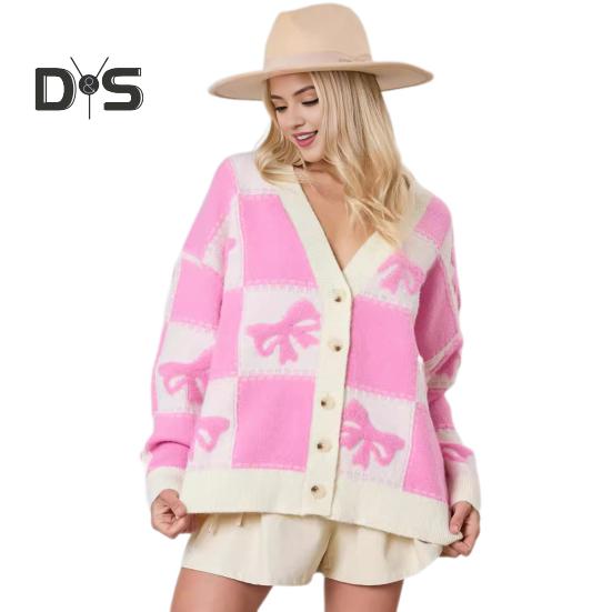 

Женский свитер осень-зима с V-образным вырезом и длинным рукавом, однобортный вязаный свитер с принтом в клетку и бантом, пальто-свитер S горячий розовый