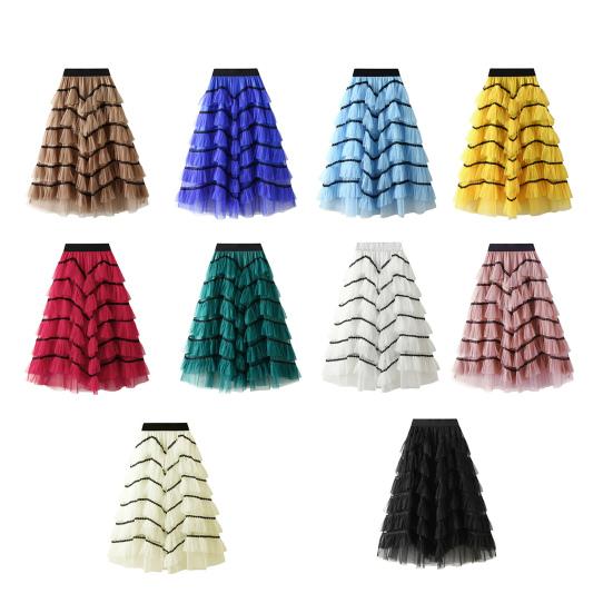 Women Skirt High Waist A-line Big Swing Ruffle Contrast Color Scattered Hem Pleated Patchwork Princess Style Elastic Waist Ankle Length Maxi Skirt
