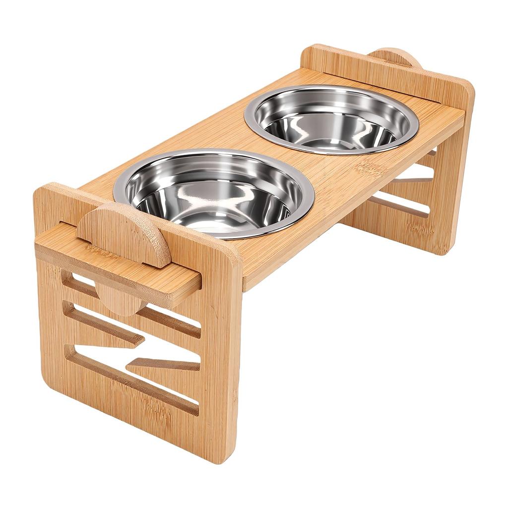 Adjustable Elevated Dog Bowls Tilted Wood Stainless Steel Raised Pet Food Bowls for Small Medium Dogs Cats