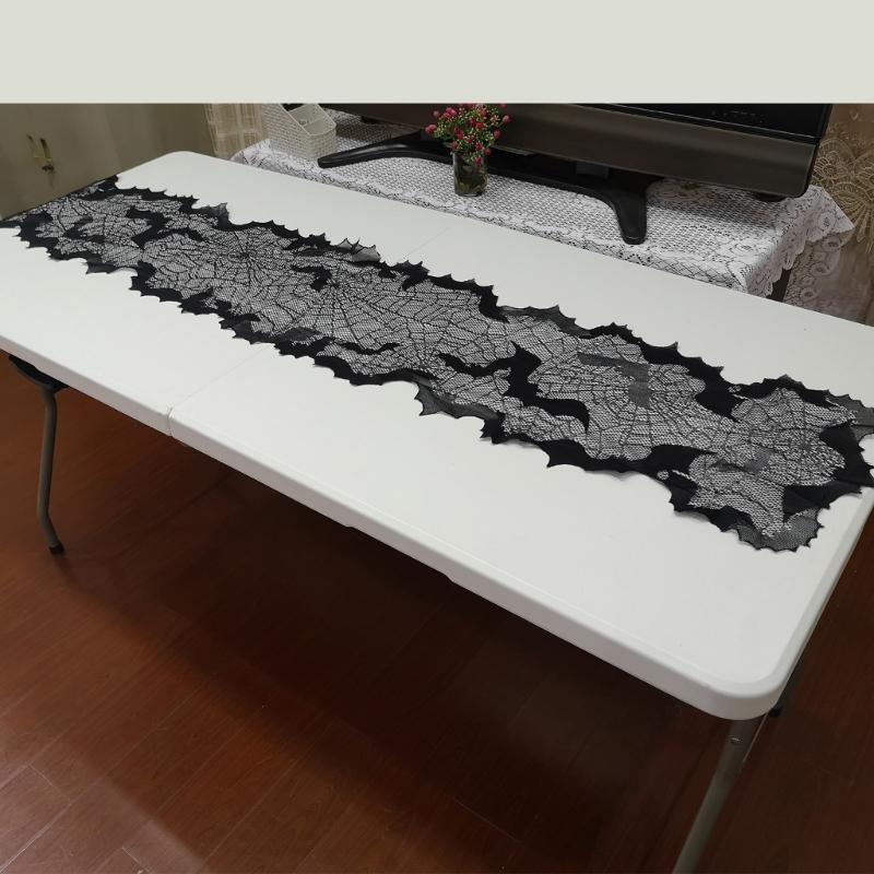 Gruselige Halloween-Dekoration 13x68 Zoll Schwarzer Tischläufer, Wasserabweisend mit Spinnennetz- und Fledermausmotiven für festliches Speisen